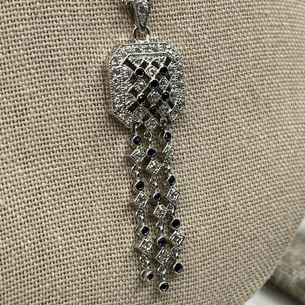 Technibond Platinum Sterling Silver & Blue Sapphire CZ Pendant Necklace